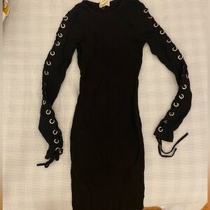 silence + noise Black Knit Ribbed Lace-Up Sleeve Bodycon Dress